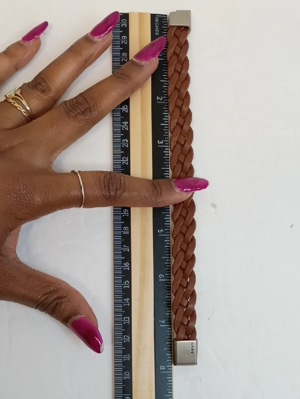 DKNY Braided Leather Wrap Bracelet Tan Brown Silver Magnetic Clasp